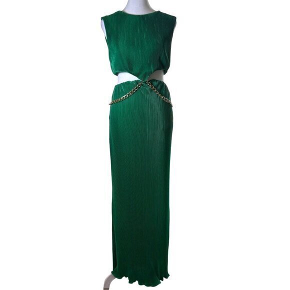 12th Tribe Vittoria Emerald Maxi Dress Accordian Pleats Sleeveless Chain‎ XL NWT - Picture 1 of 11